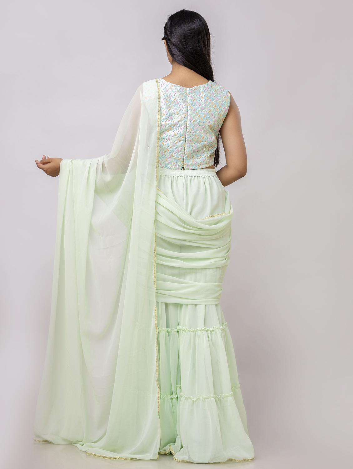 women neo mint solid ruffle party wear saree with blouse - 21747879 - Standard Image - 3