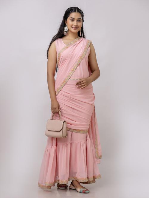 women pink solid ruffle party wear saree with blouse - 21747880 -  Standard Image - 0