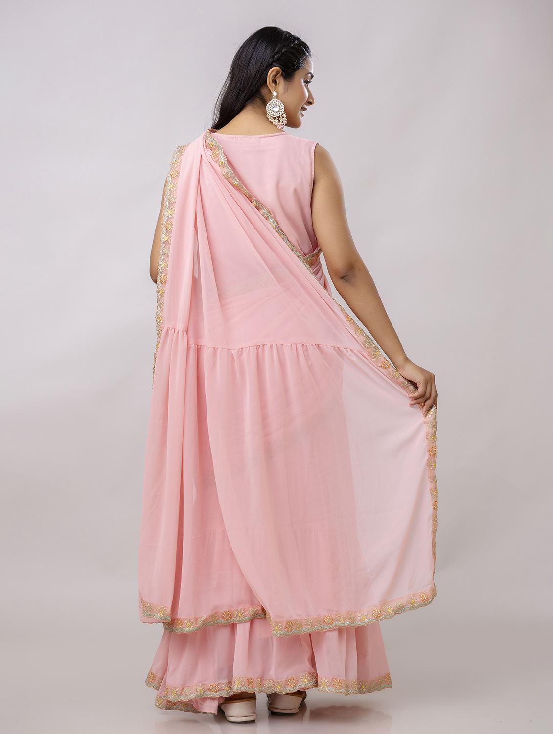 women pink solid ruffle party wear saree with blouse - 21747880 - Standard Image - 3