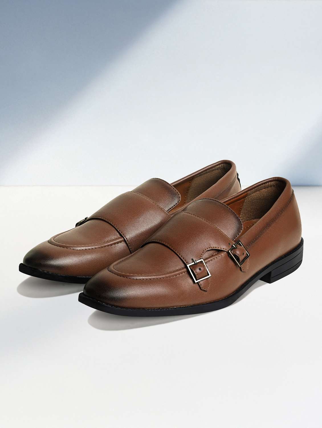 men tan slip on monk straps