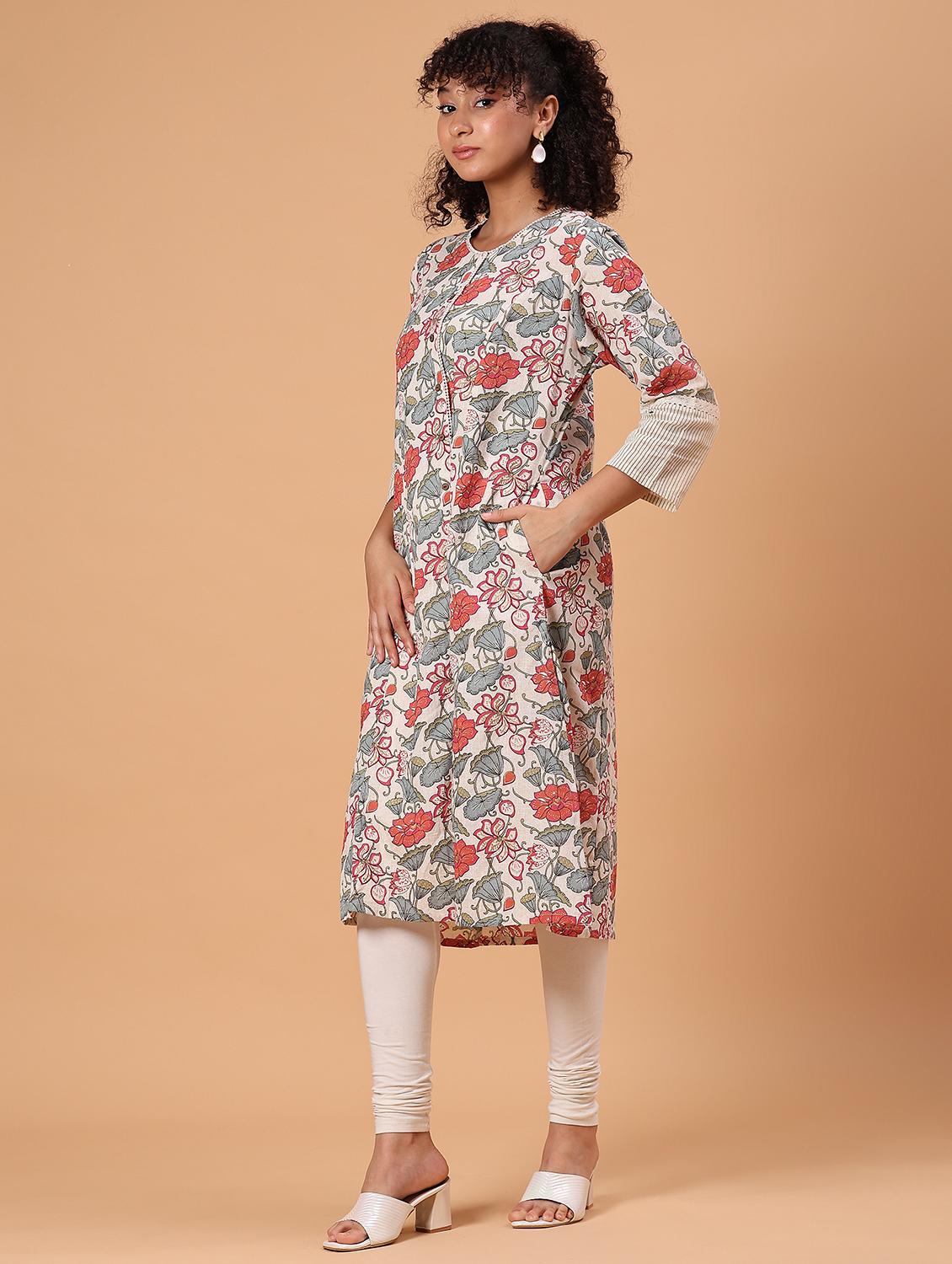 women floral printed three quarter sleeve a-line kurta - 21748186 - Standard Image - 3