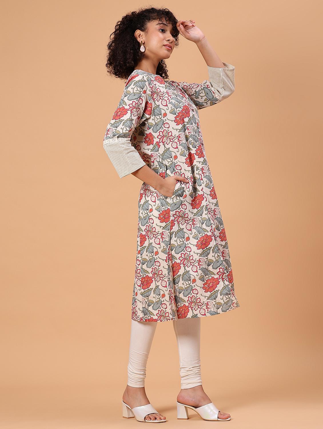 women floral printed three quarter sleeve a-line kurta - 21748186 - Standard Image - 5
