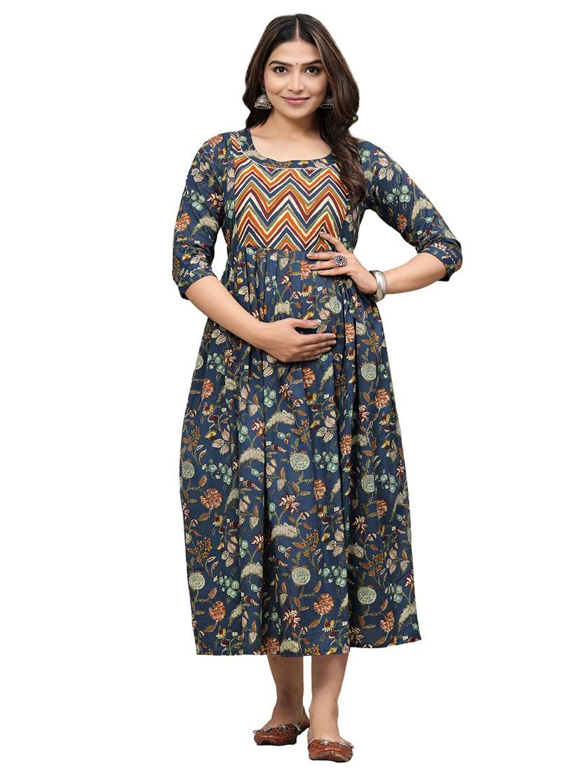 women floral printed round neck maternity dress