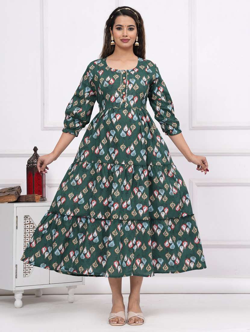 women printed three quarter sleeves flared dress