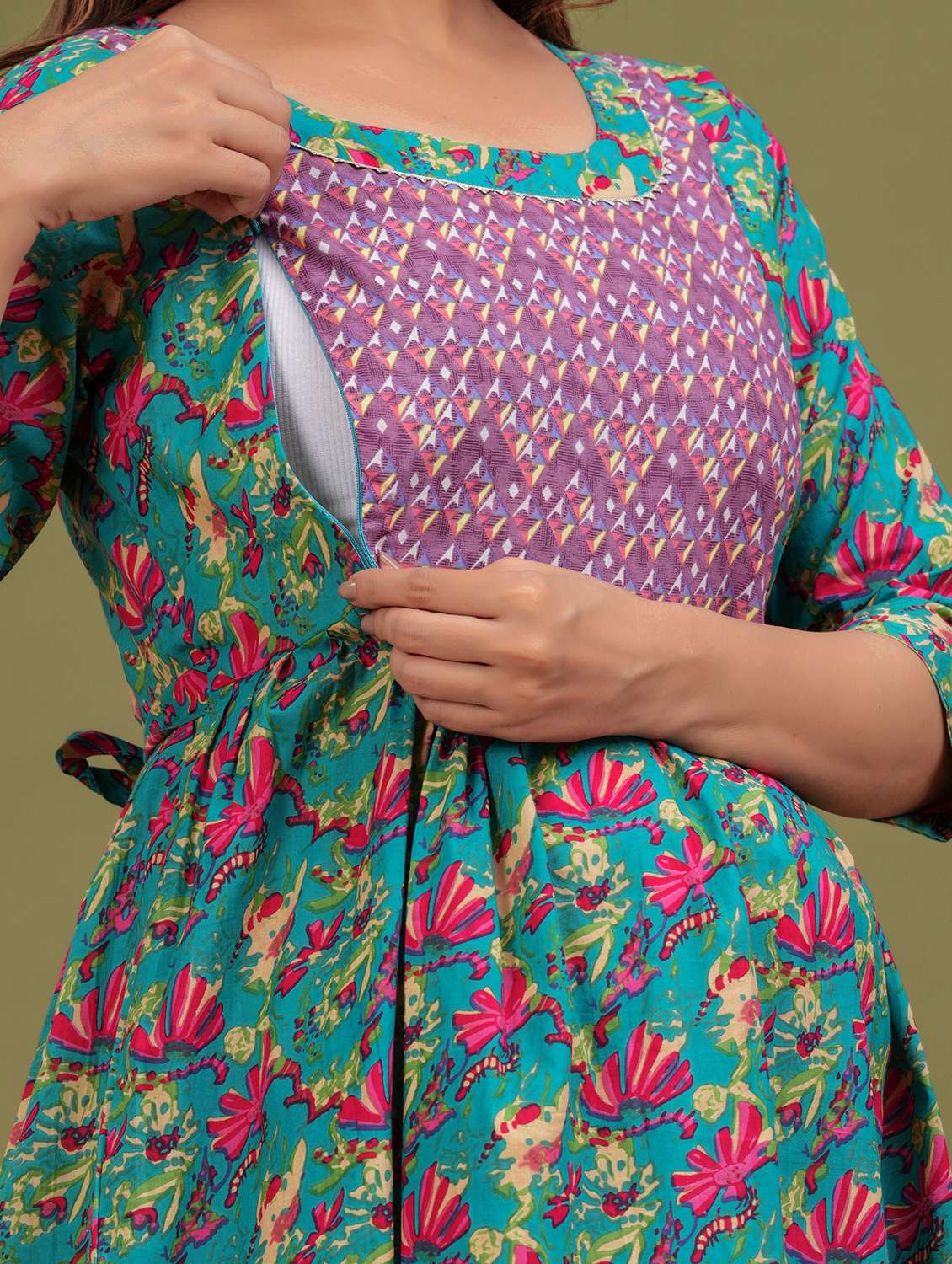 women printed flared three quarter sleeves dress - 21748300 -  Standard Image - 3