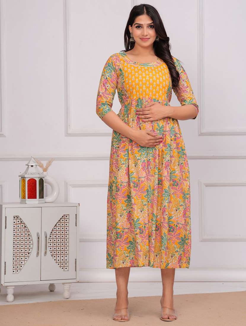 women floral printed round neck maternity dress