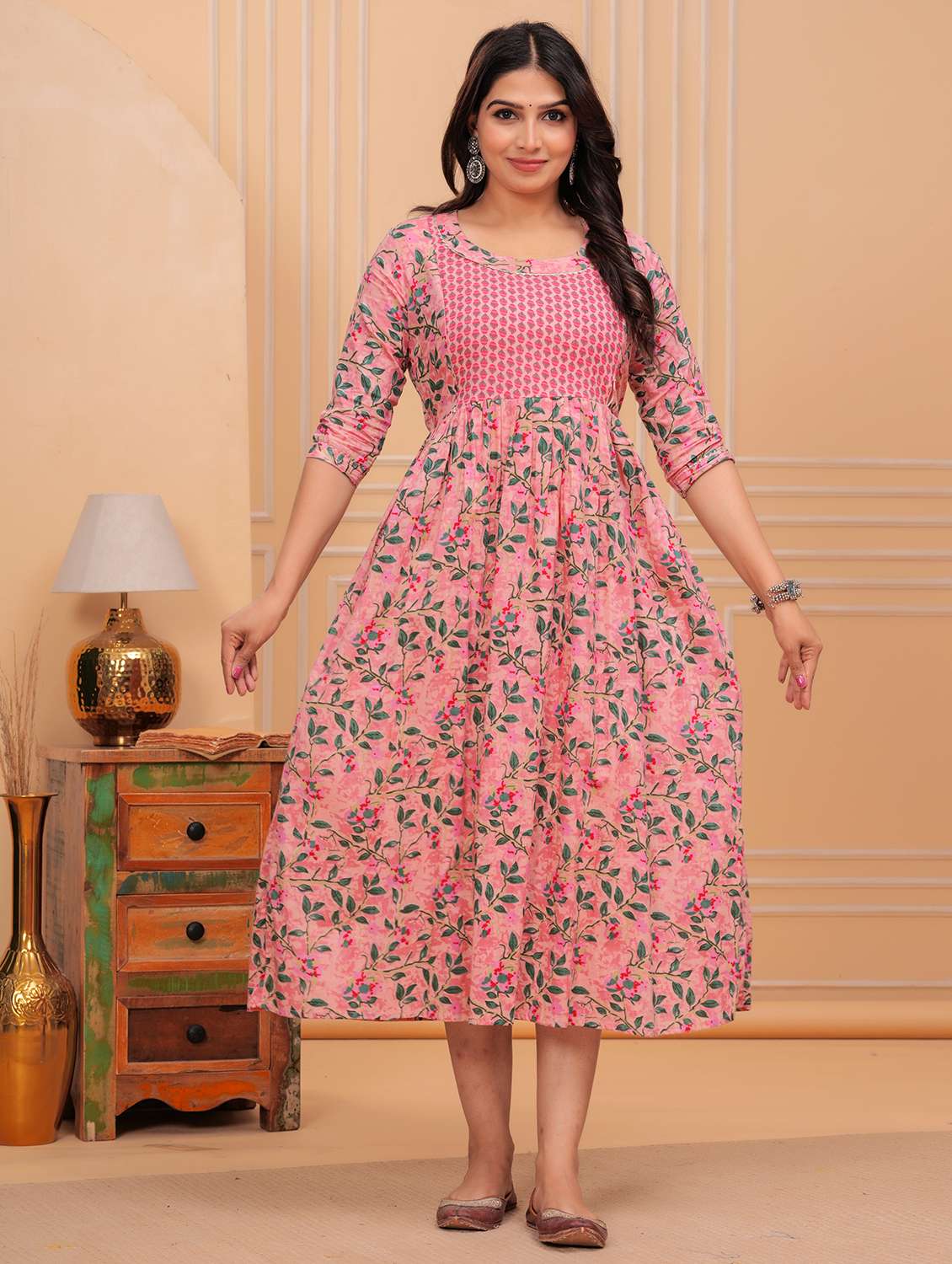 women printed three quarter sleeves flared dress