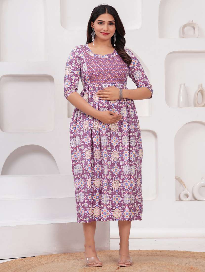 women lavender printed round neck maternity dress