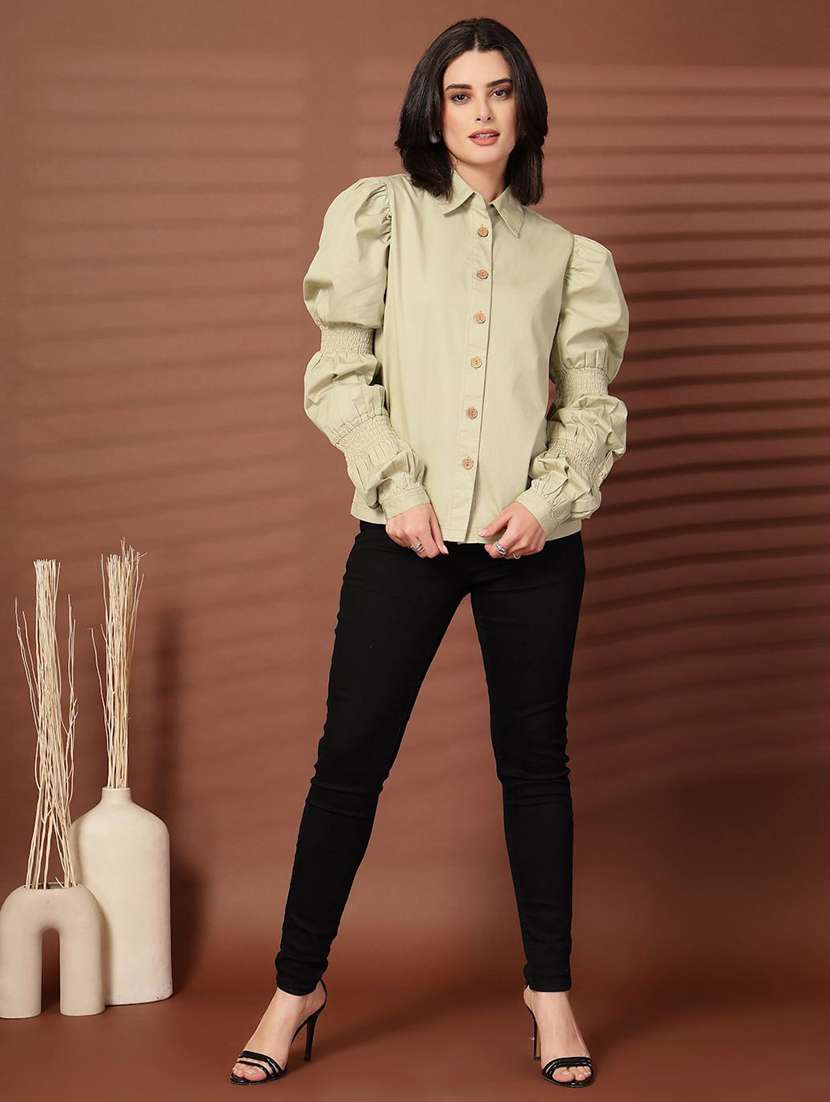women solid puff sleeves collared regular shirt - 21748327 -  Standard Image - 3