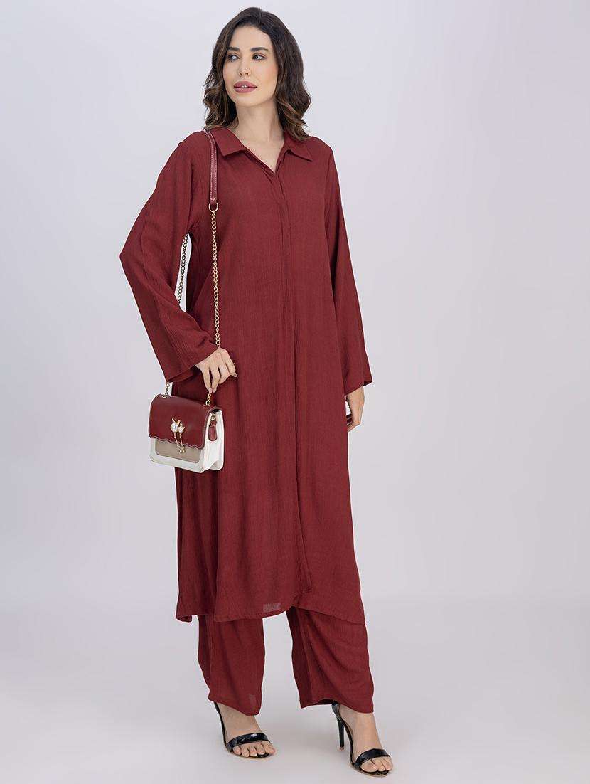 women maroon solid long sleeve kurta pant set