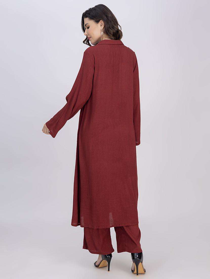 women maroon solid long sleeve kurta pant set - 21748655 -  Standard Image - 3
