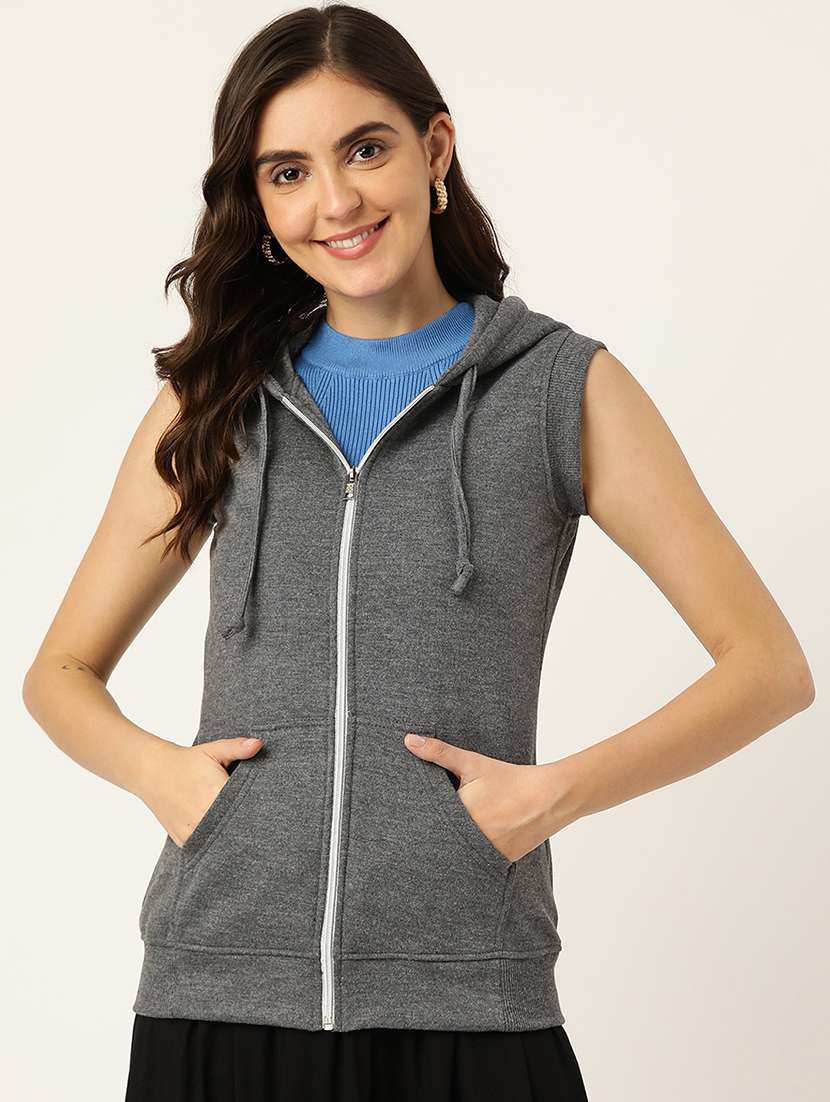 women solid sleeveeless regular hooded jacket