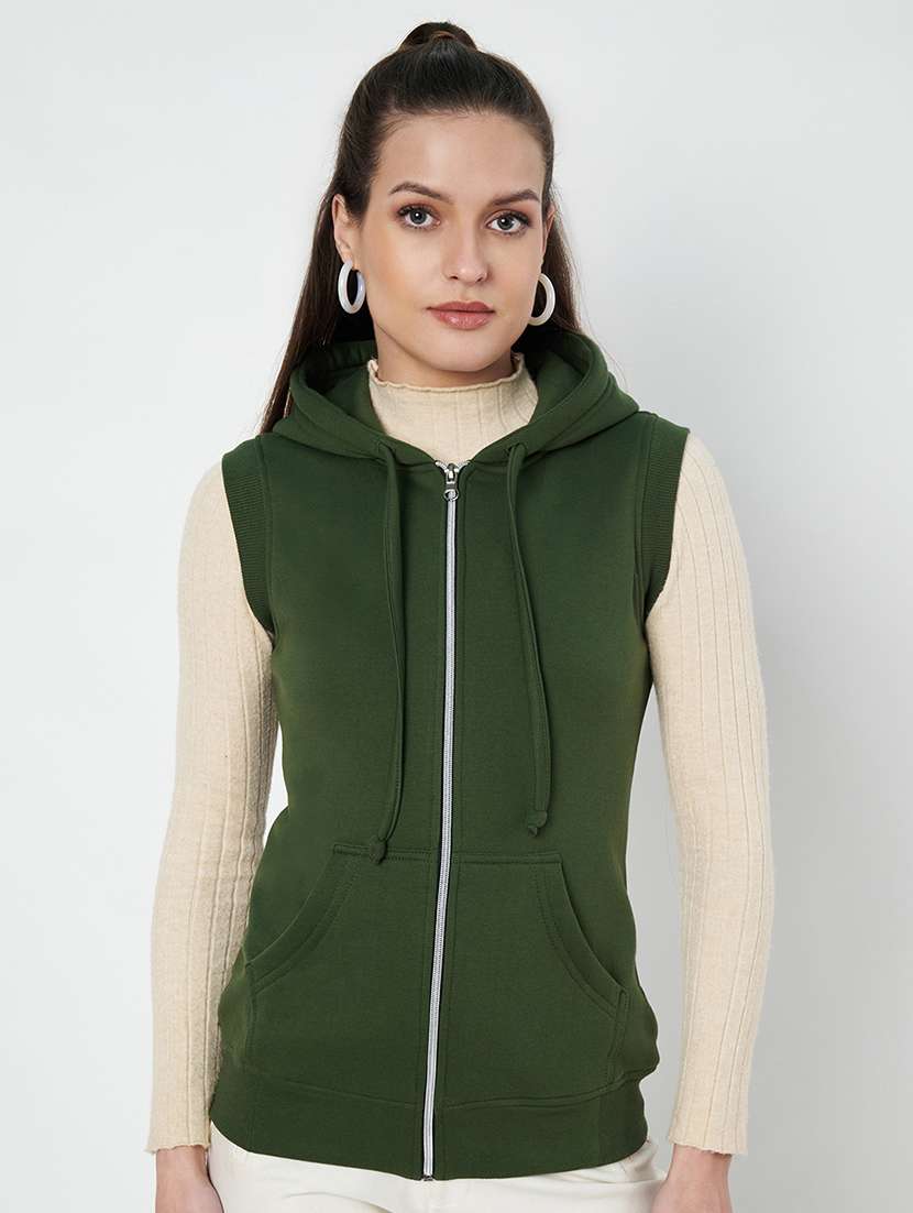 women solid sleeveless hooded regular jacket