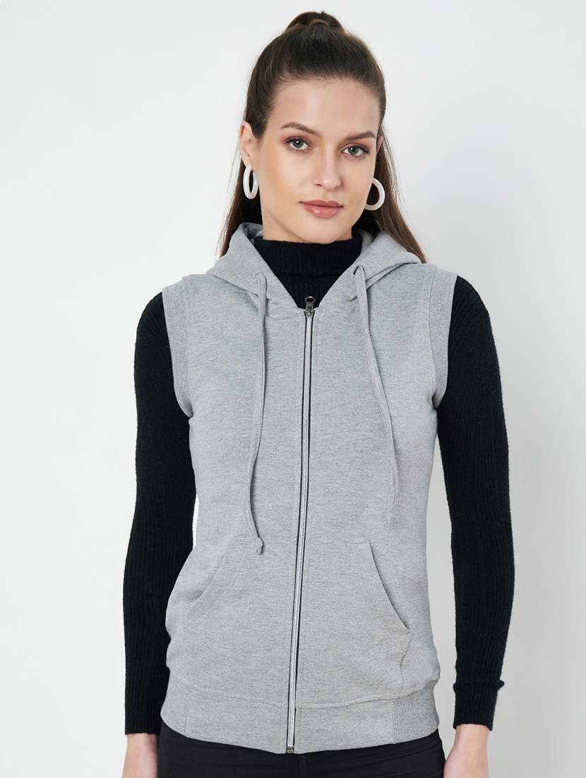 women solid sleeveless hooded regular jacket
