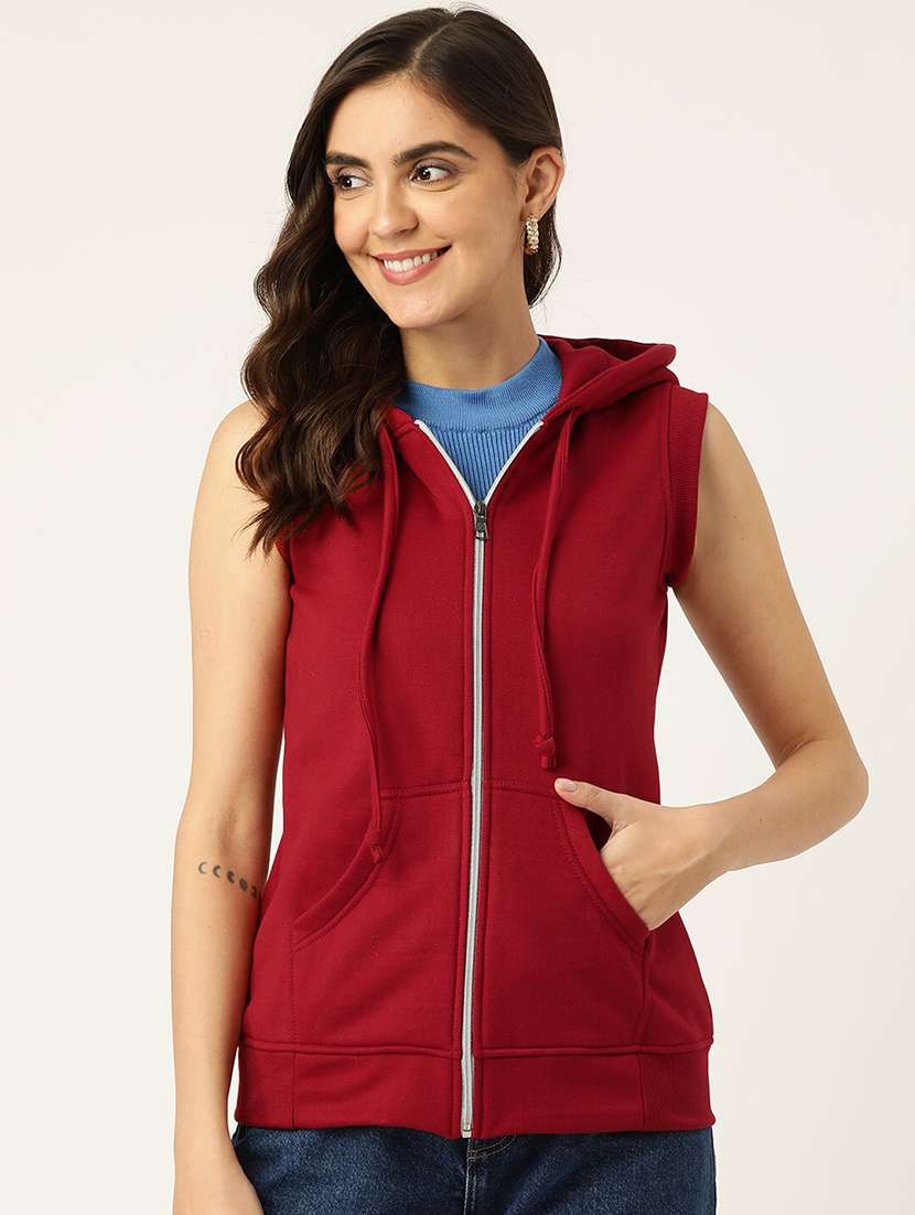 women solid sleeveeless regular hooded jacket