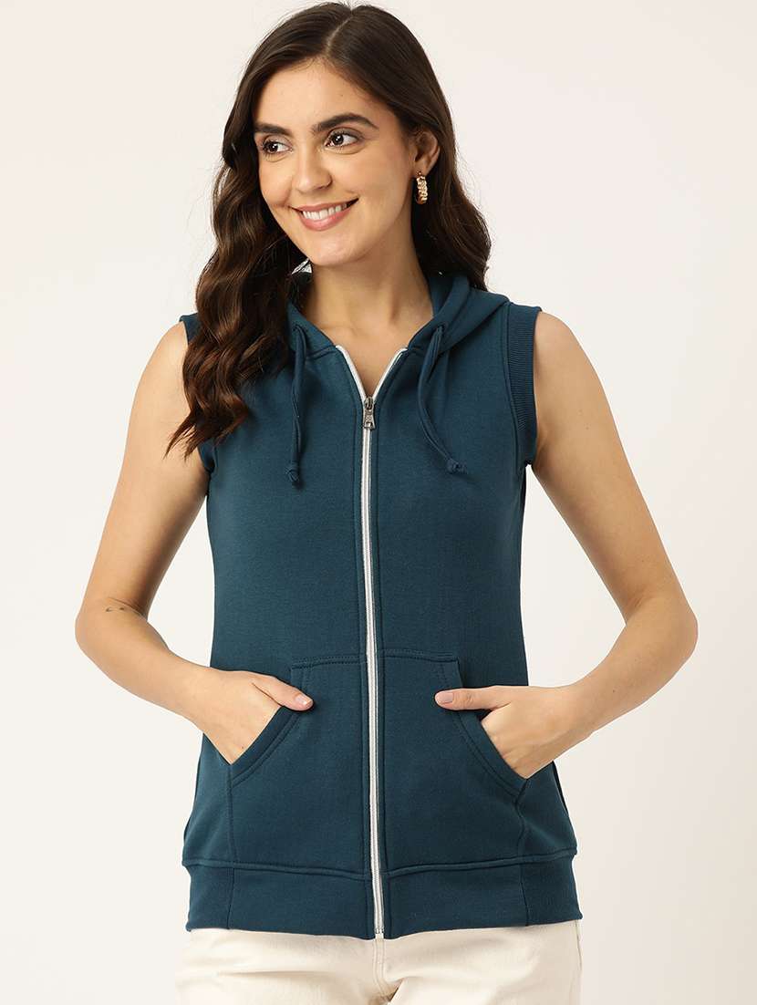 women solid sleeveeless regular hooded jacket