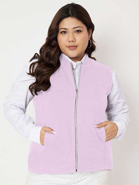 women solid stand collar sleeveless jacket