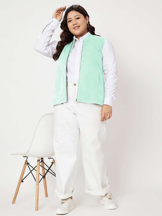 women solid stand collar sleeveless jacket - 21748705 -  Standard Image - 5