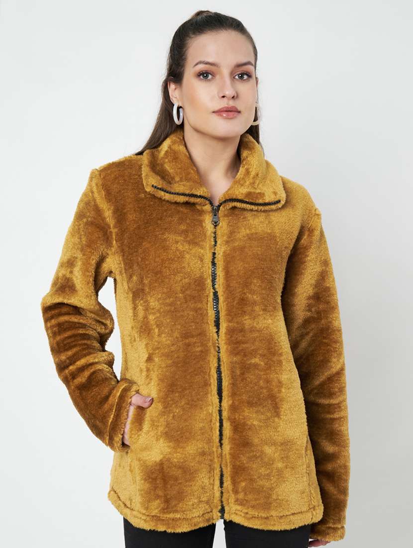 women solid long sleevees fur jacket