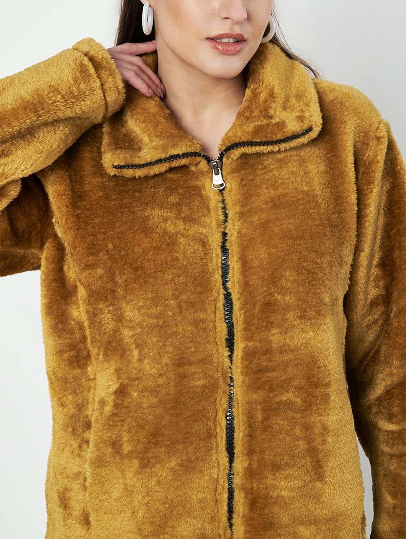 women solid long sleevees fur jacket - 21748741 -  Standard Image - 3