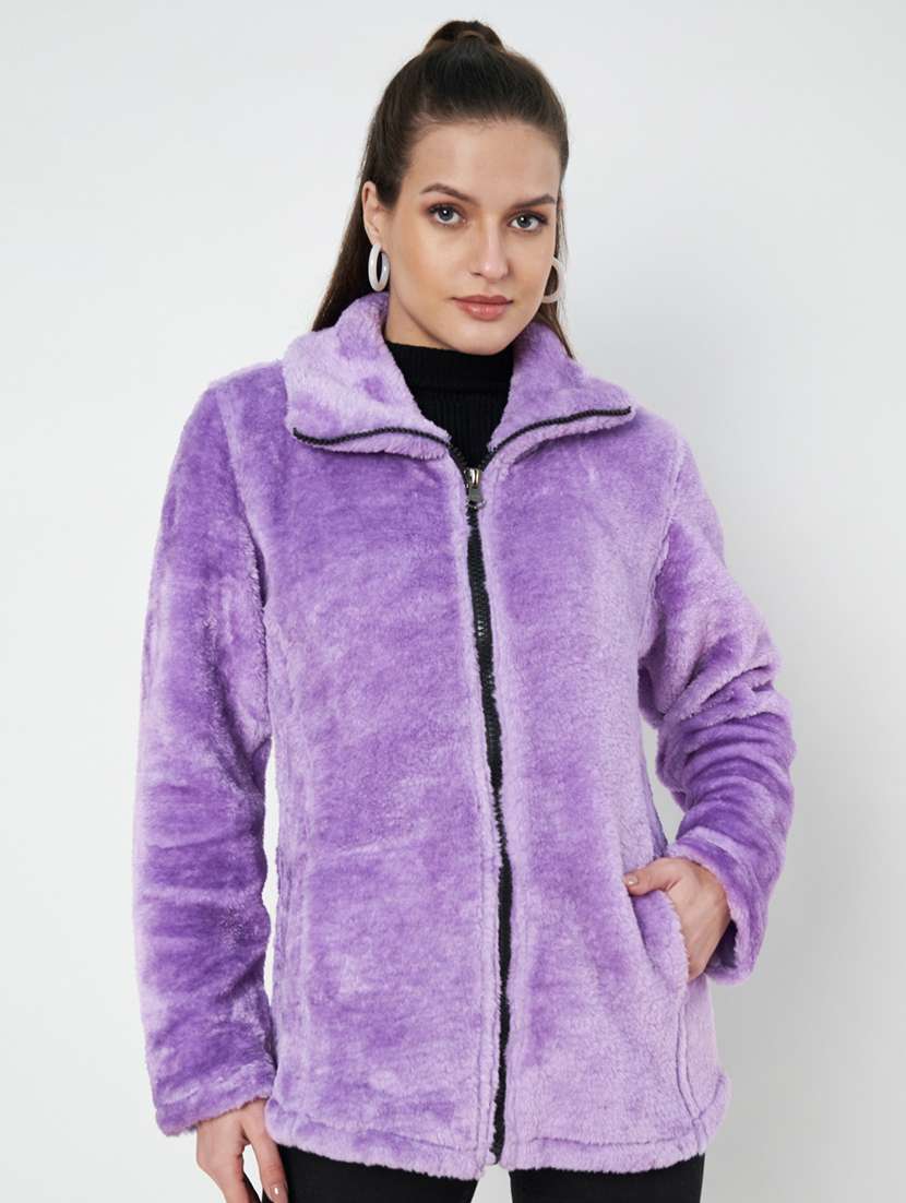 women solid long sleeves fur jacket