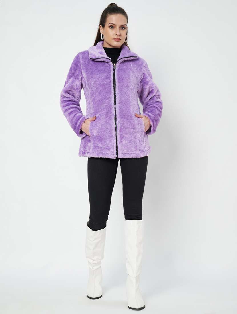 women solid long sleeves fur jacket - 21748742 -  Standard Image - 3