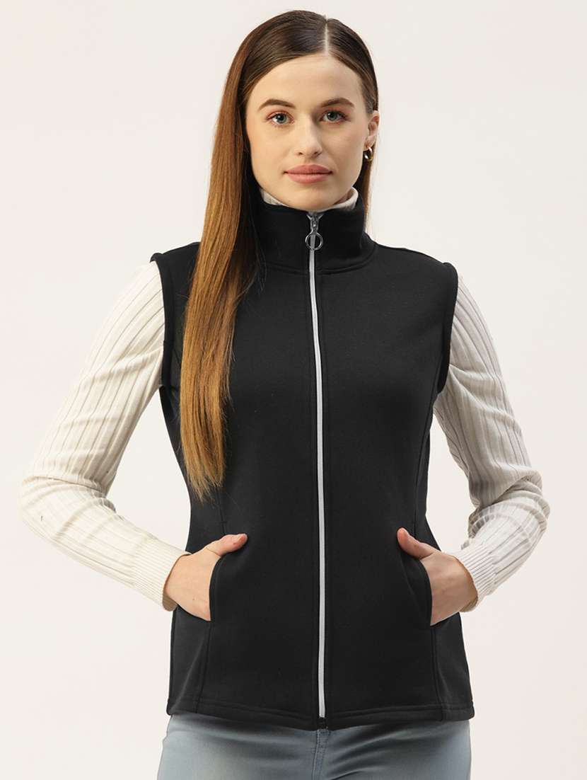 women solid sleeveless stand collar jacket