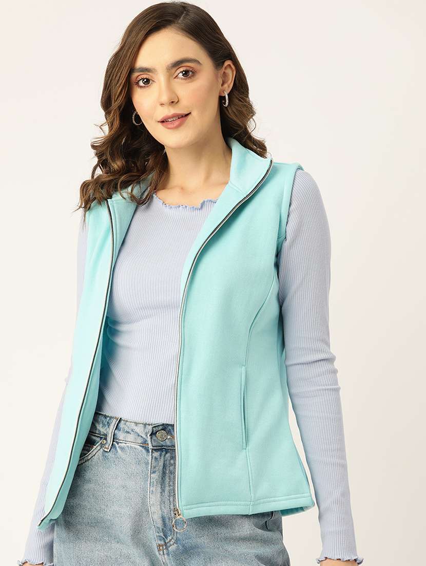 women solid sleeveless stand collar jacket
