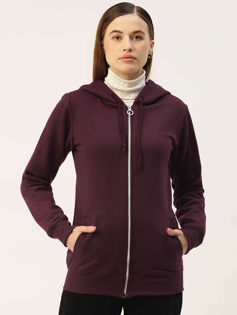 women solid long sleeves hooded jacket