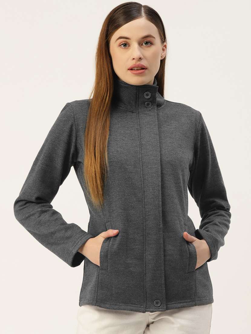 women solid long sleeves stand collar jacket