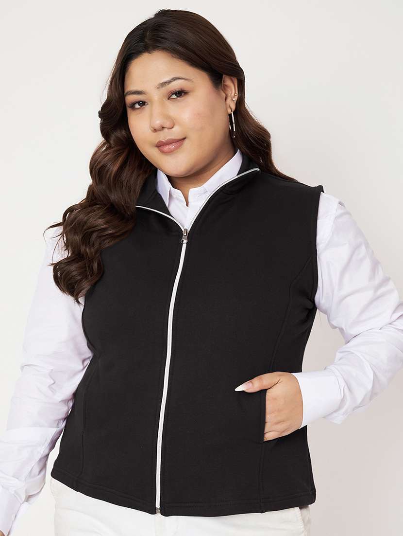 women plus size solid sleeveless stand collar jacket