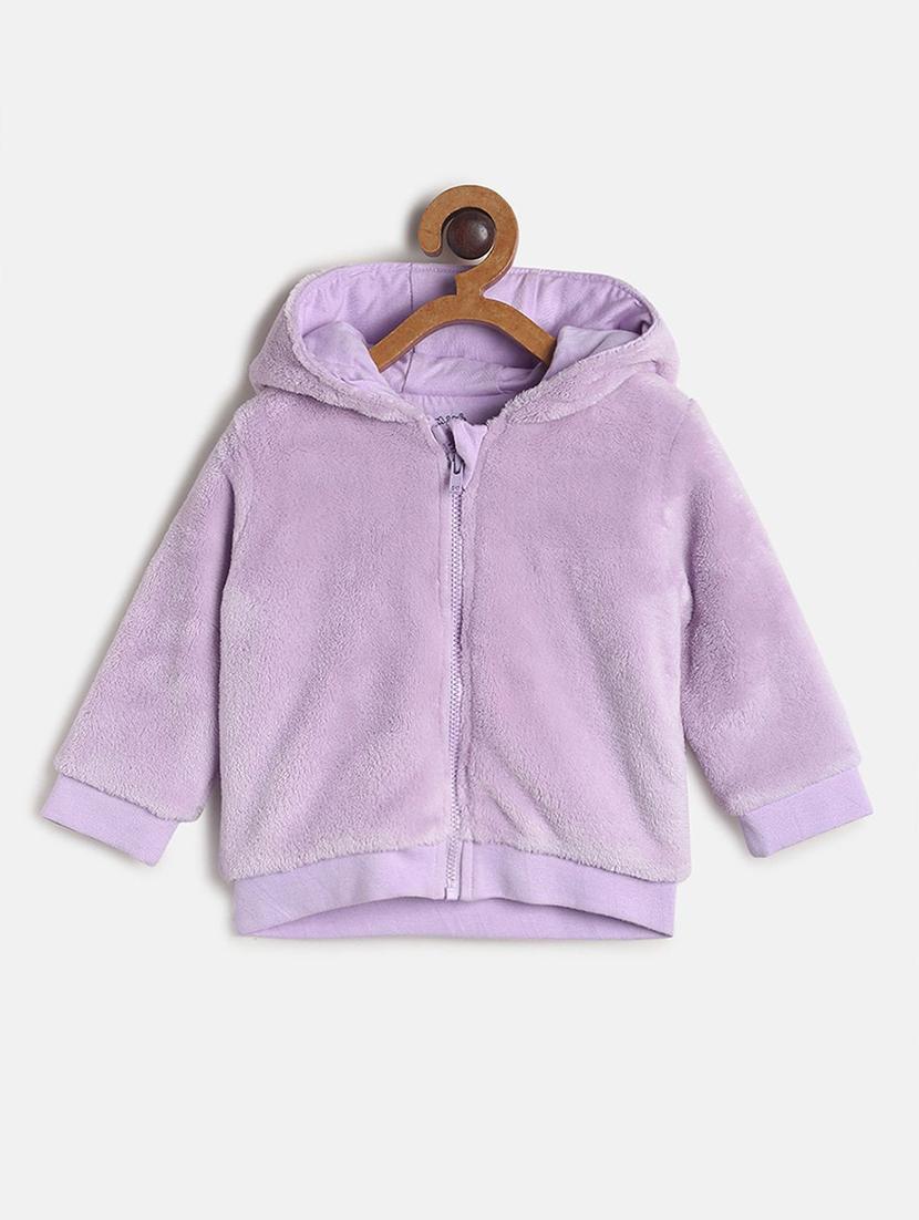 girls lavender solid long sleeve hooded fur jackets