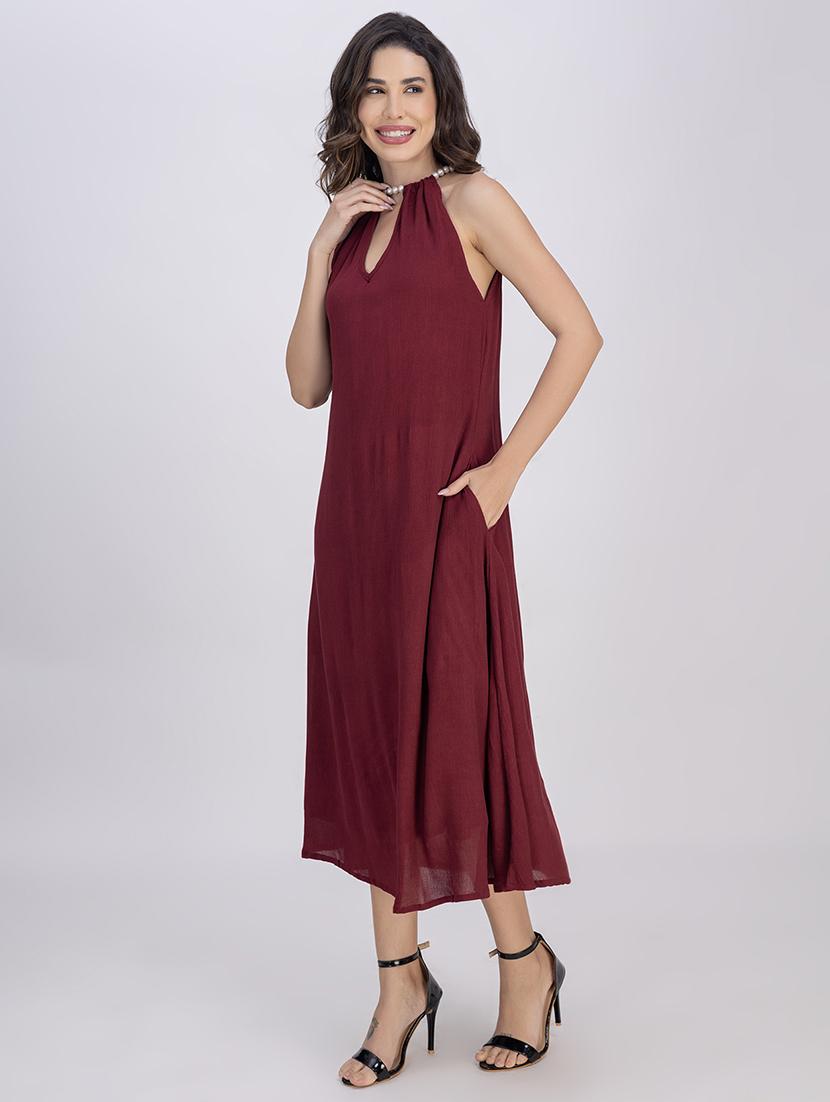 women solid halter neck sleeveless a-line dress - 21748923 - Standard Image - 3