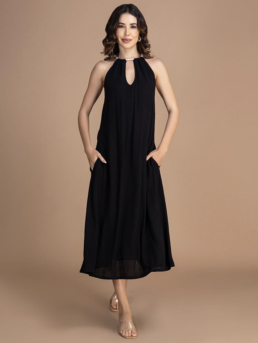 women solid halter neck sleeveless a-line dress - 21748925 - Zoom Image - 0