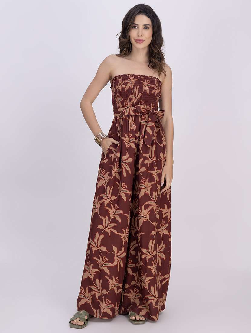 women printed smocked detailed full length jumpsuit