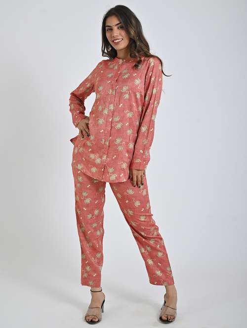 women coral floral printed long sleeve co-ord set - 21748934 -  Standard Image - 0