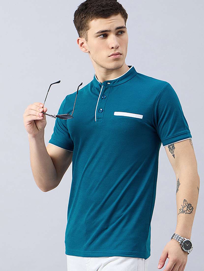 men solid mandarin neck slim fit t-shirt