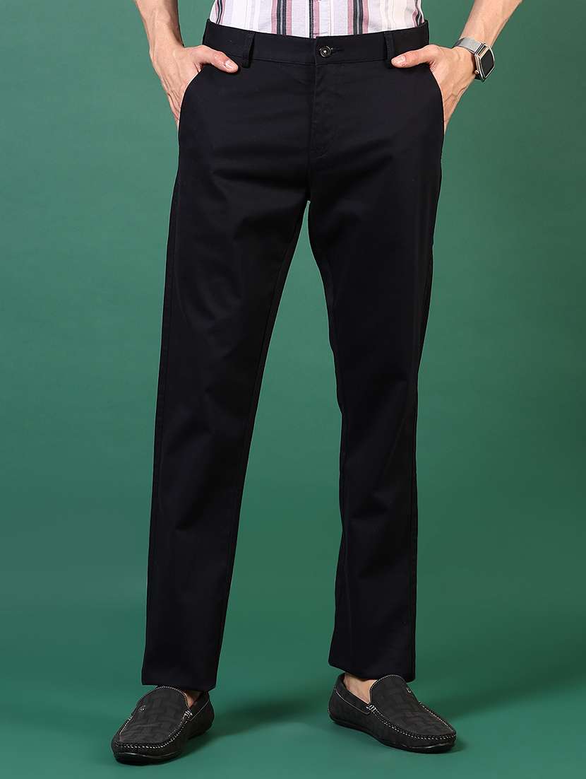 men mid rise solid flat front casual trouser