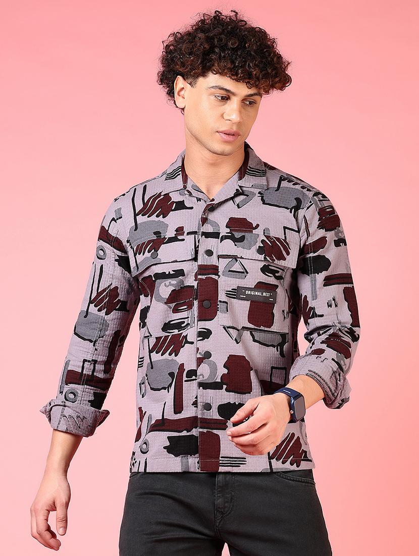 men printed long sleeve slim fit casual shirt