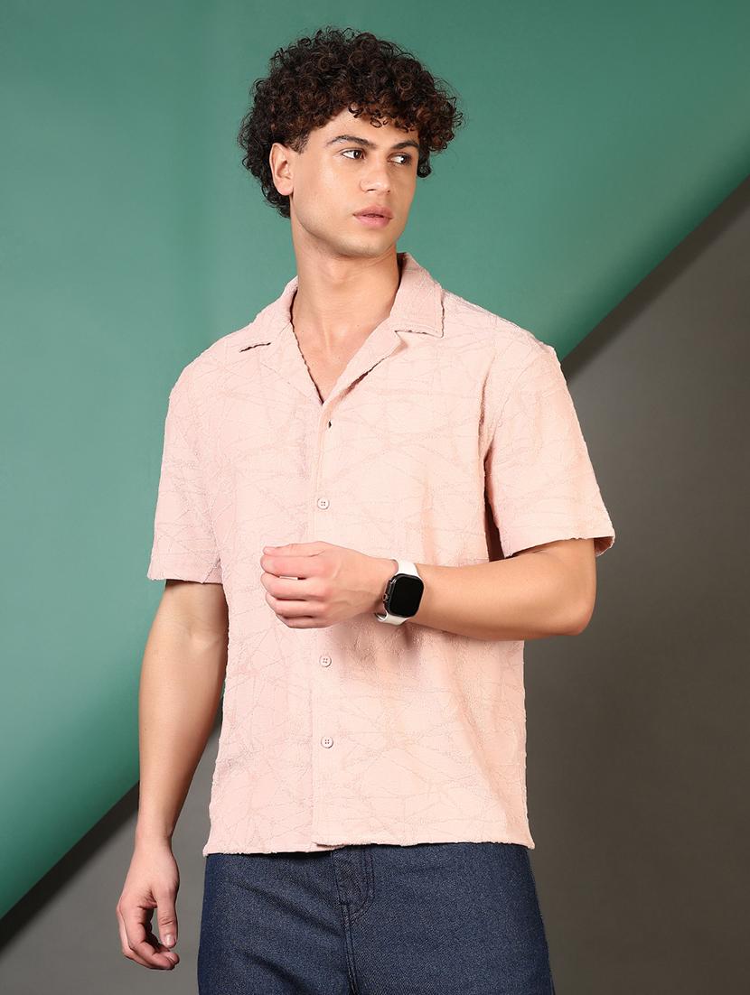 men self design short sleeve loose fit casual shirt