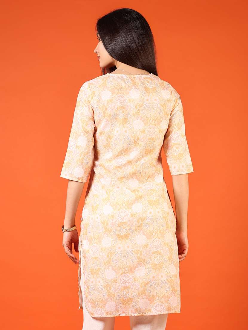 women peach three quarter sleeve straight kurta - 21749969 -  Standard Image - 3