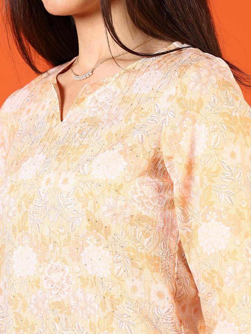 women peach three quarter sleeve straight kurta - 21749969 -  Standard Image - 5