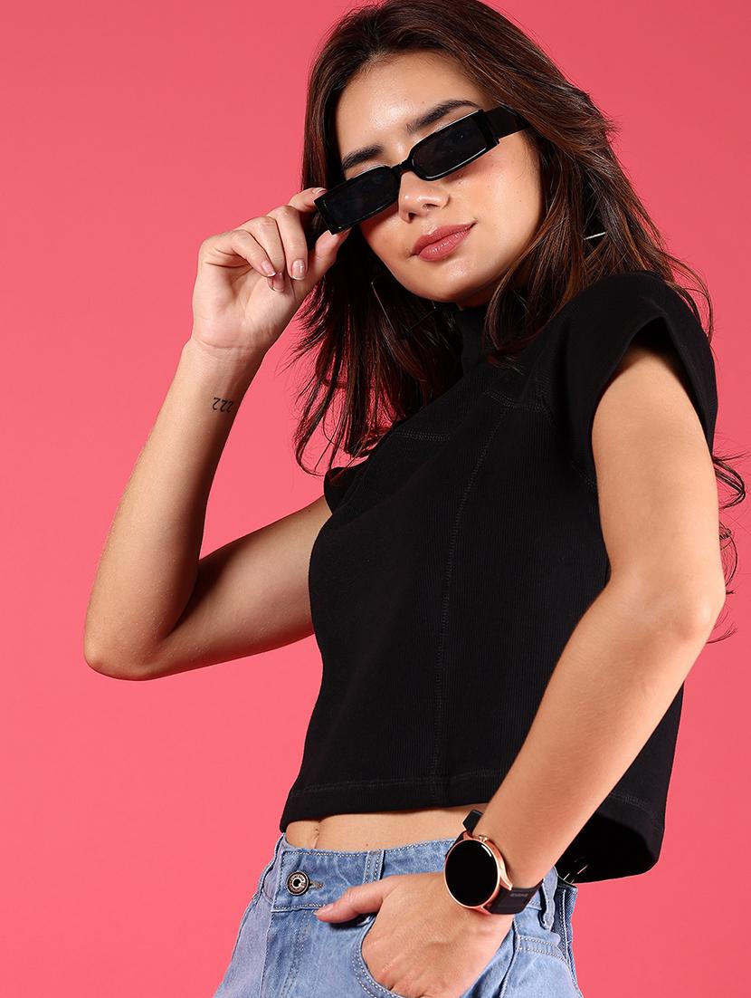 women black solid mock neck crop top - 21750048 - Zoom Image - 0