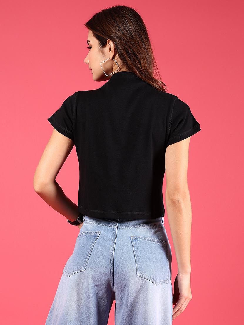 women black solid mock neck crop top - 21750048 - Standard Image - 3