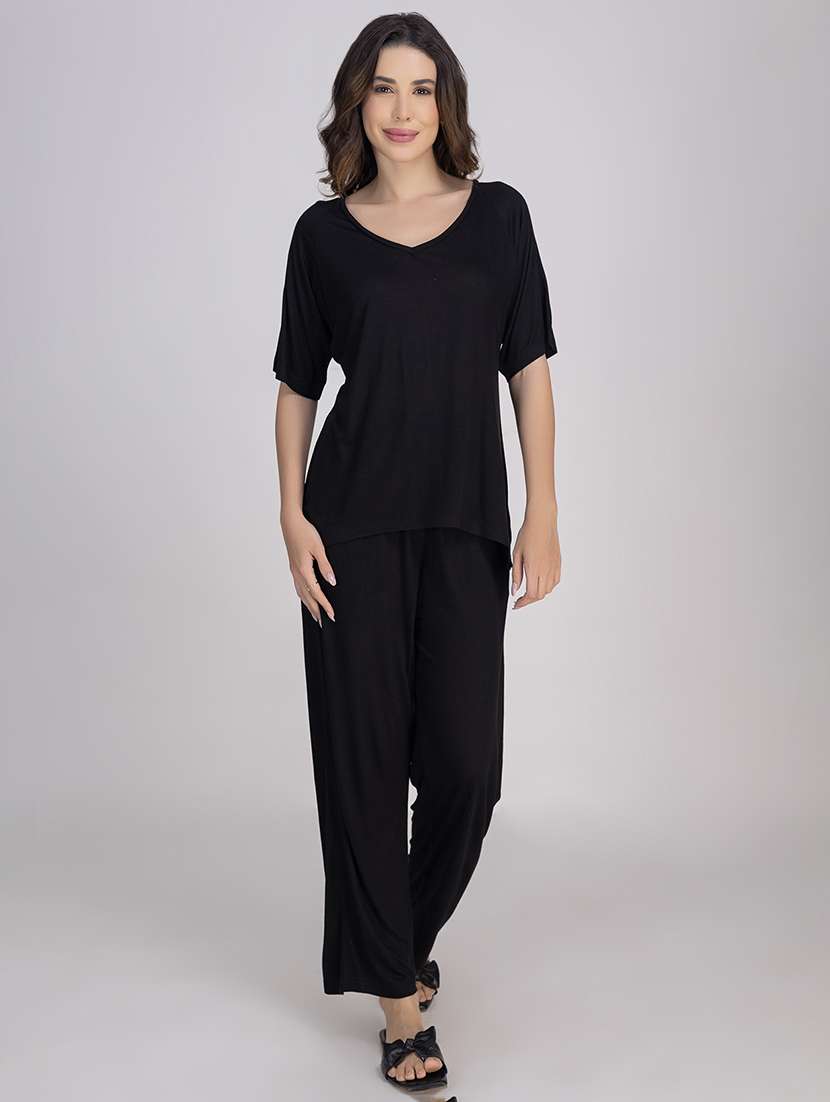 women solid nightwear pyjama set