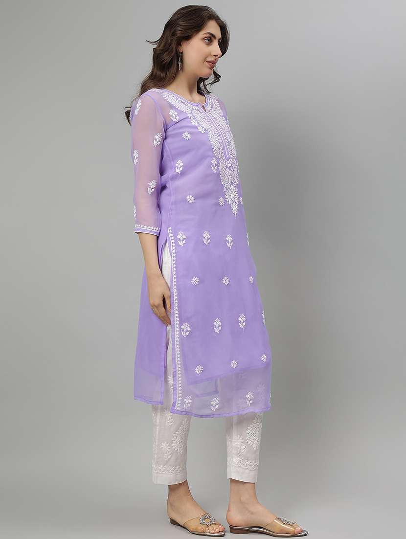 women three quarter sleeve straight chikankari kurta - 21750151 -  Standard Image - 3