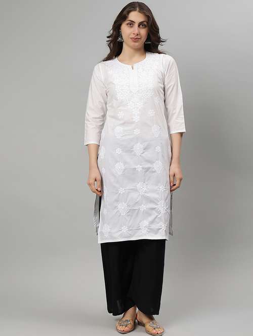 women three quarter sleeve straight chikankari kurta - 21750154 -  Standard Image - 0