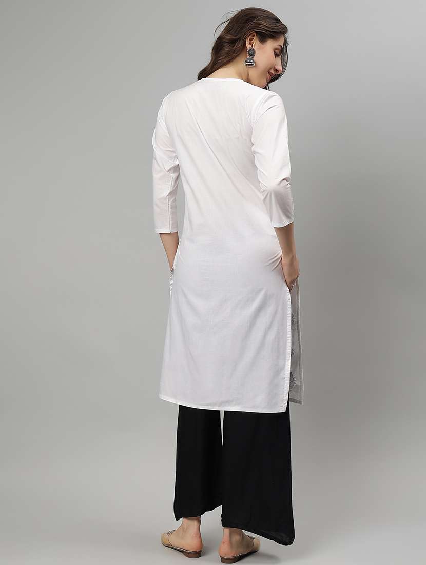 women three quarter sleeve straight chikankari kurta - 21750154 -  Standard Image - 3