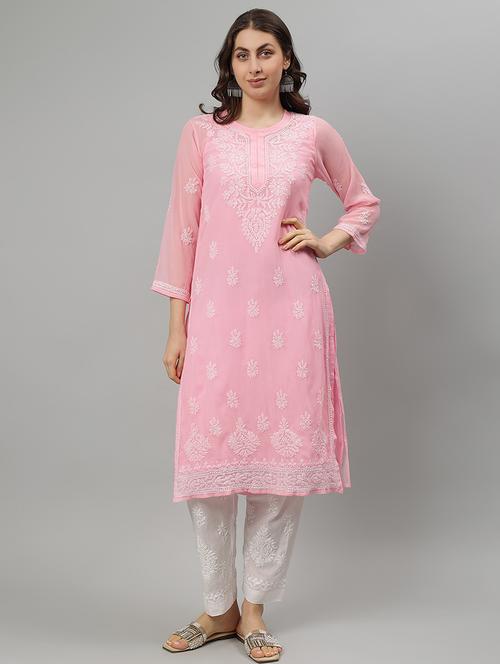 women three quarter sleeve straight chikankari kurta - 21750155 -  Standard Image - 0