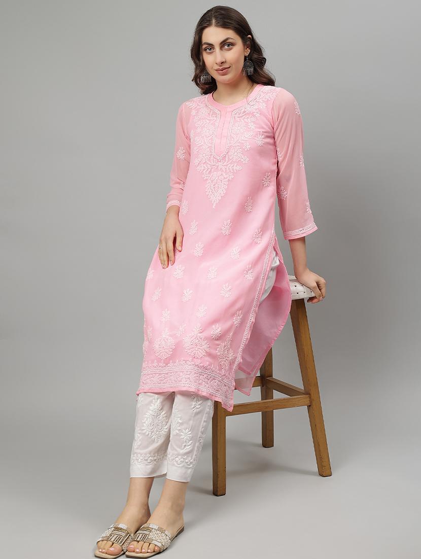 women three quarter sleeve straight chikankari kurta - 21750155 - Standard Image - 5